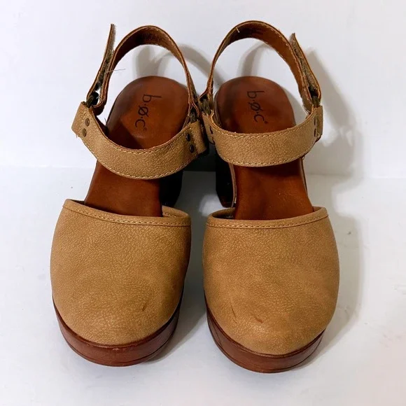 b.o.c. Tan Faux Leather Platform Clog Women 6M Sandals Wood Wedge Heel - Picture 14 of 15